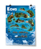 Vertical rectangular poster showing the geological timescale of life on Earth with different drawings of animals with each era. Background is ocean blue with clouds in each of the corners of the poster. “Eons” is written in white sans serif font at the top left of the poster - from Eons
