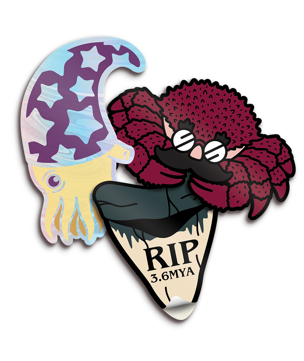 Set of three marine animal stickers. One is of Plectronoceras in a purple wizard hat, a red crab with a fake mustache and glasses, and a megaladon tooth with “RIP 3.6MYA” in black font on it - from Eons