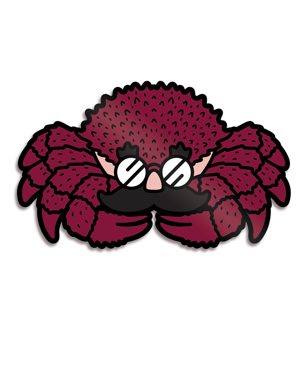 Cartoon representation of red crab with black outline and small black texture lines with a fake mustache, nose, and glasses on its face - from Eons
