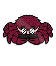 Cartoon representation of red crab with black outline and small black texture lines with a fake mustache, nose, and glasses on its face - from Eons
