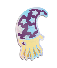 Cartoon representation of yellow plectronoceras with a reflective silver outline wearing a purple wizard hat with reflective silver stars - from Eons