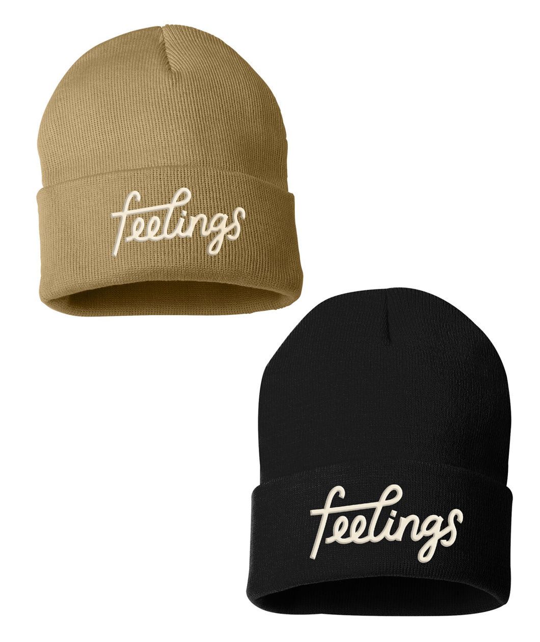Tan and black beanie with “feelings” in white cursive font cross the front. The “f” and “l” connect to each other - from Iz Harris