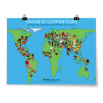 Horizontal poster showing green outlines of Earth’s continents on a blue background. Each continent has different cartoon drawn foods showing their origin. “Origins of Common Foods” is on top in white sans serif font. Below, “Where we domesticated plants and animals” is in blue sans serif font - from Minute Earth