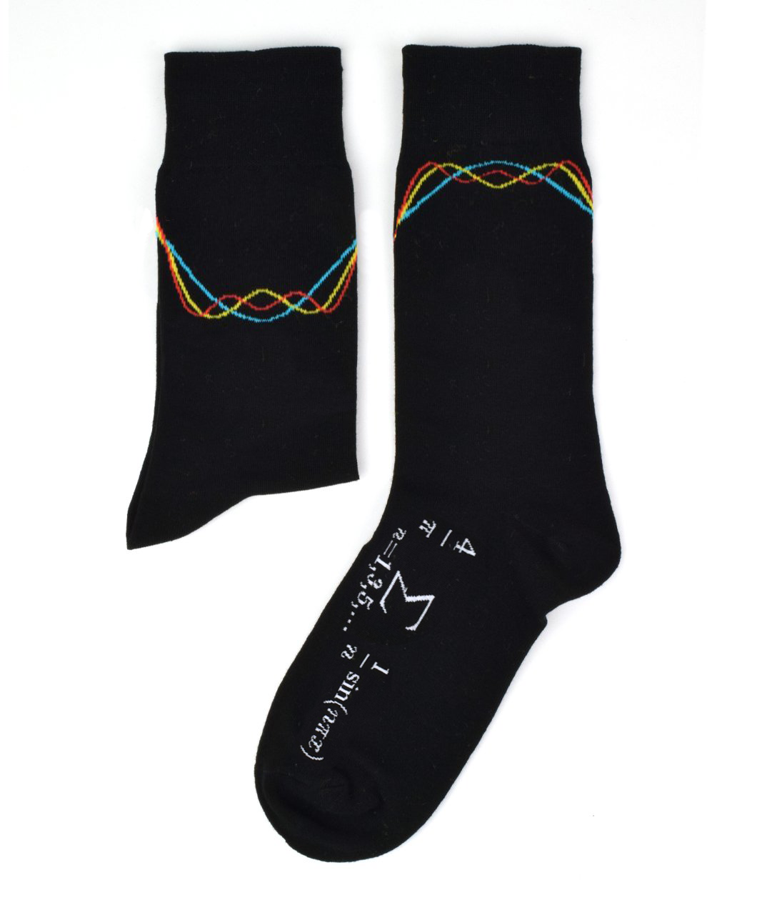 A black sock with red, yellow, and red arching lines at the top of the sock with a math equation in white on the side of the foot - from 3Blue1Brown.
