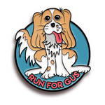 A blue circular pin with a black border. A white, gray, and tan cartoon drawn dog takes up the majority of the pin, parts of it breaking the boundary of the circle. “Run for Gus” is in red sans serif font at the bottom - from The Ginger Runner