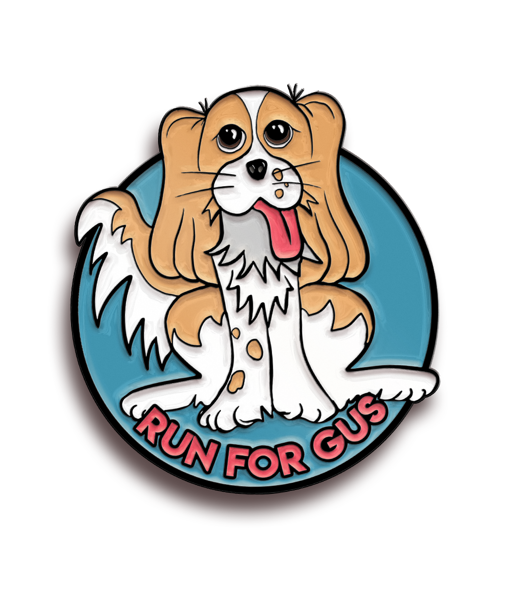A blue circular pin with a black border. A white, gray, and tan cartoon drawn dog takes up the majority of the pin, parts of it breaking the boundary of the circle. “Run for Gus” is in red sans serif font at the bottom - from The Ginger Runner