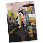 A booklet with a cover featuring an abstract, Cubist rendition of a tall person walking through a watery city, with the reflection of a robot in the water.