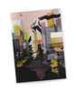 A booklet with a cover featuring an abstract, Cubist rendition of a tall person walking through a watery city, with the reflection of a robot in the water.