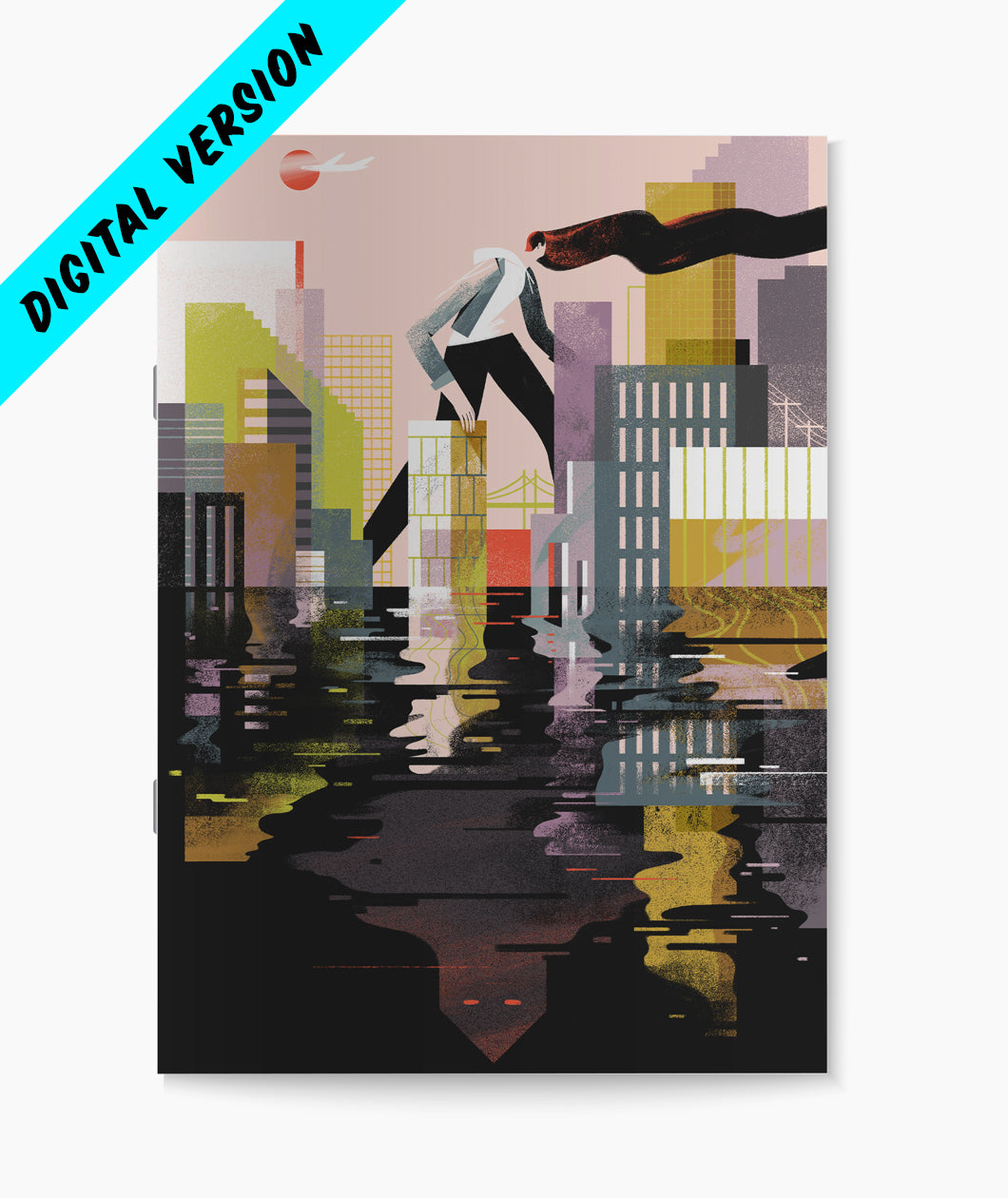 A booklet with a cover featuring an abstract, Cubist rendition of a tall person walking through a watery city, with the reflection of a robot in the water. A banner notes that this is a digital product.