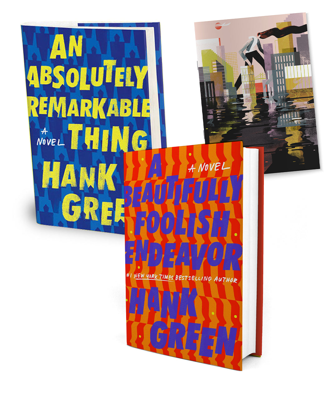 3 books on a white background: the hardcover An Absolutely Remarkable Thing has yellow text with a blue background; hardcover A Beautifully Foolish Endeavor has purple text and an orange and red background, and a slim booklet with a cubist illustration of a giant person walking through a watery city.