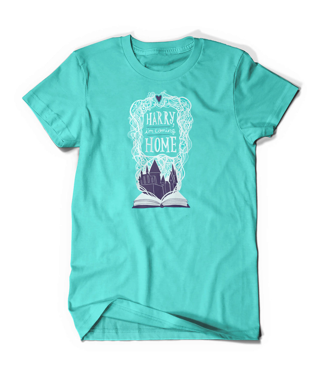A light teal shirt with an open book with a white outline drawing with purple fill of Hogwarts. White intertwined lined surround “Harry I’m Coming Home” in white font. A purple heart is atop - from Lauren Fairweather