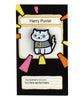A pin shaped like a cat that is white, wearing a grey sweater with a red and yellow tie. The cat has green eyes and is wearing round glasses. The pin sits on backing that reads "Harry Purrer" and "You received a memento from Harry and the Potters". 