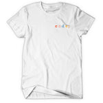 White shirt with “code;” in the top right of shirt. “Code;” is in red, pink, blue, yellow, and orange, respectively - from Mayuko Inoue
