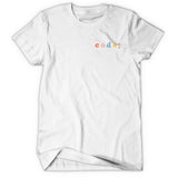 White shirt with “code;” in the top right of shirt. “Code;” is in red, pink, blue, yellow, and orange, respectively - from Mayuko Inoue