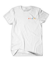 White shirt with “code;” in the top right of shirt. “Code;” is in red, pink, blue, yellow, and orange, respectively - from Mayuko Inoue