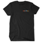 Black shirt with “code;” in the top right of shirt. “Code;” is in red, pink, blue, yellow, and orange, respectively - from Mayuko Inoue
