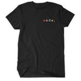 Black shirt with “code;” in the top right of shirt. “Code;” is in red, pink, blue, yellow, and orange, respectively - from Mayuko Inoue