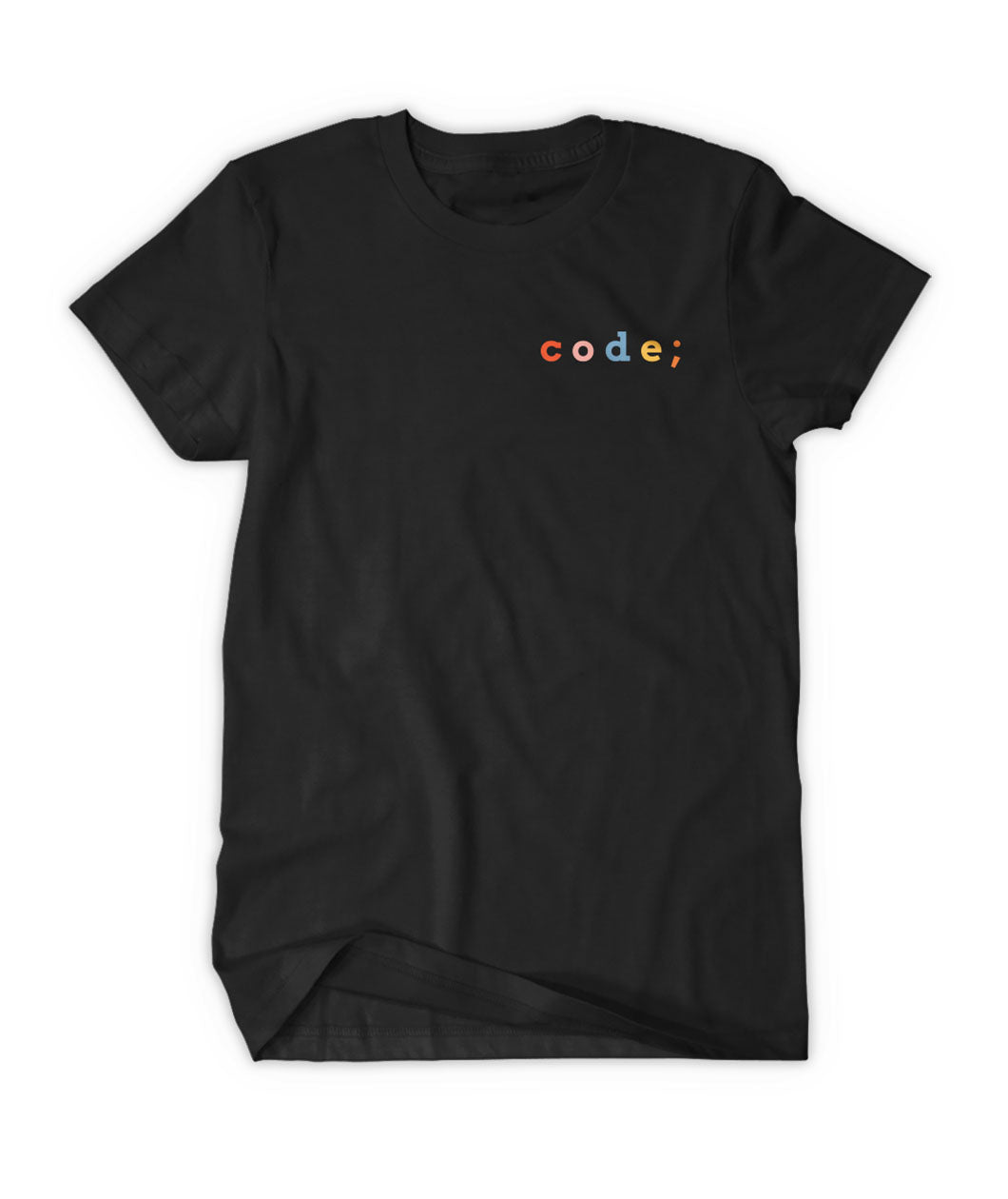 Black shirt with “code;” in the top right of shirt. “Code;” is in red, pink, blue, yellow, and orange, respectively - from Mayuko Inoue