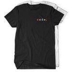 Black and white shirt with “code;” in the top right of each shirt. “Code;” is in red, pink, blue, yellow, and orange, respectively - from Mayuko Inoue