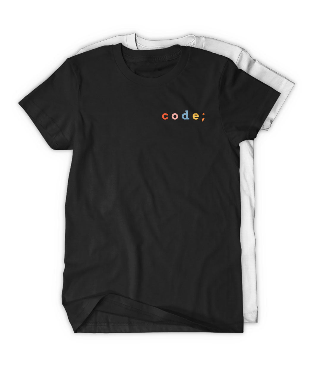 Black and white shirt with “code;” in the top right of each shirt. “Code;” is in red, pink, blue, yellow, and orange, respectively - from Mayuko Inoue
