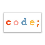 White rectangular sticker with “code;” in center of sticker in red, pink, blue, yellow, and orange, respectively- from Mayuko Inoue