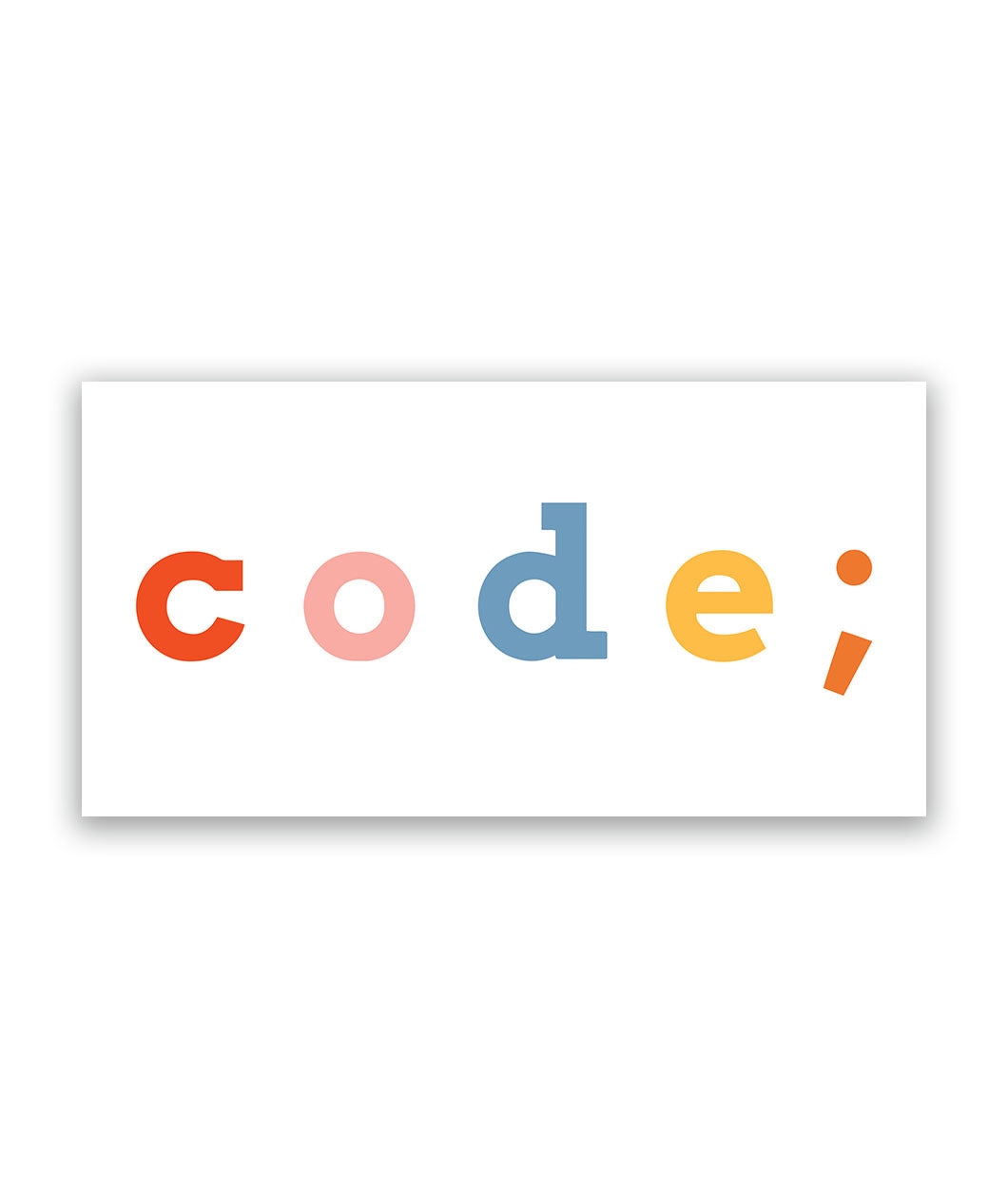 White rectangular sticker with “code;” in center of sticker in red, pink, blue, yellow, and orange, respectively- from Mayuko Inoue