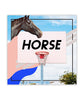 A basketball hoop with "Horse" on the backboard and a horse head in the left corner of the sky background - by HORSE