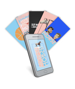 A smart phone with the image of a HORSE on a block that says Horse surrounded by 5 other HORSE related backgrounds - by HORSE