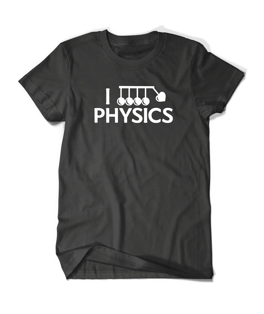 Black shirt with “I” in white sans serif font followed by a vector drawing of Newtons cradle. A heart takes the place of one of the balls. Below, “Physics” is in white sans serif font - from Physics Girl