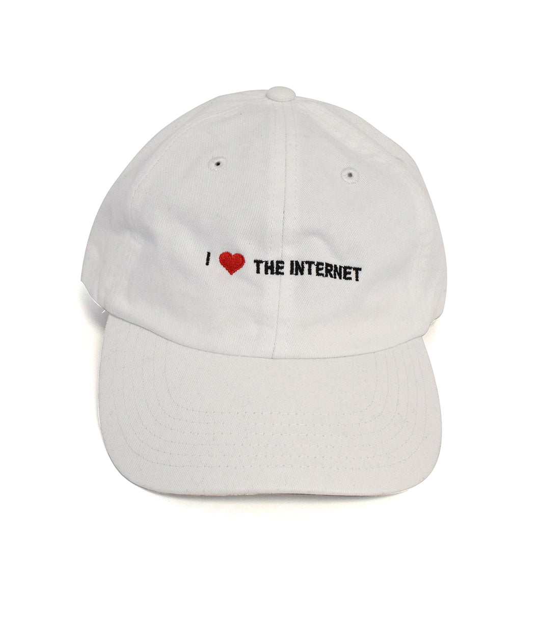 A white baseball cap with the phrase 