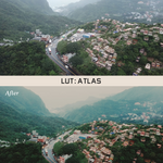 Two of the same photo of a town in the mountains. In between the photos is a white bar that says "LUT: Atlas". The bottom "after" photo has more vibrant colors than the top photo. By Iz & Johnny Harris