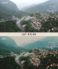 Two of the same photo of a town in the mountains. In between the photos is a white bar that says "LUT: Atlas". The bottom "after" photo has more vibrant colors than the top photo. By Iz & Johnny Harris