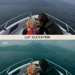 Two of the same photo of a child and adult on a boat. In betwen the photos is a bar that says "LUT: Elevation". The bottom "after" photo has warmer-toned colors compared to the top photo. By Iz & Johnny Harris