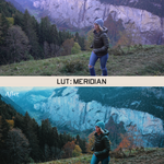 Two of the same photo of a woman running with mountains in the background. In between the photos is a white bar that says "LUT: Meridian". The bottom "after" photo has more blue tones than the top photo. By Iz & Johnny Harris