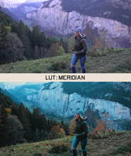 Two of the same photo of a woman running with mountains in the background. In between the photos is a white bar that says "LUT: Meridian". The bottom "after" photo has more blue tones than the top photo. By Iz & Johnny Harris