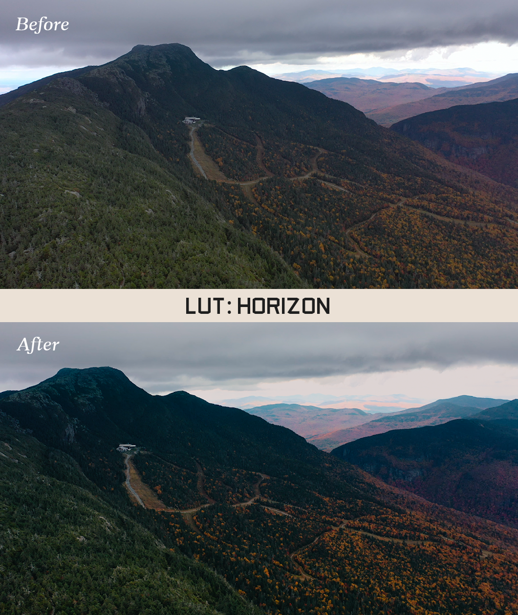 Two of the same phtot of a mountain. In between the photos is a white bar that says "LUT: Horizon". The bottom photo has more crisp differences in color than the top photo. By Iz & Johnny Harris.