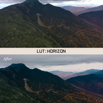 Two of the same phtot of a mountain. In between the photos is a white bar that says "LUT: Horizon". The bottom photo has more crisp differences in color than the top photo. By Iz & Johnny Harris.