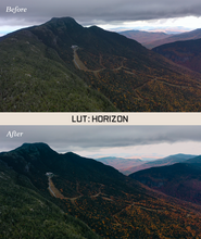 Two of the same phtot of a mountain. In between the photos is a white bar that says "LUT: Horizon". The bottom photo has more crisp differences in color than the top photo. By Iz & Johnny Harris.