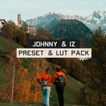A photo of two people in orange jackets facing a mountain view. The text "Johnny & Iz Preset & LUT Pack" is in the center - by Iz & Johnny Harris