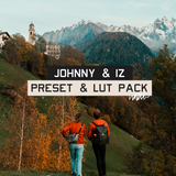 A photo of two people in orange jackets facing a mountain view. The text "Johnny & Iz Preset & LUT Pack" is in the center - by Iz & Johnny Harris