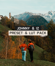 A photo of two people in orange jackets facing a mountain view. The text "Johnny & Iz Preset & LUT Pack" is in the center - by Iz & Johnny Harris