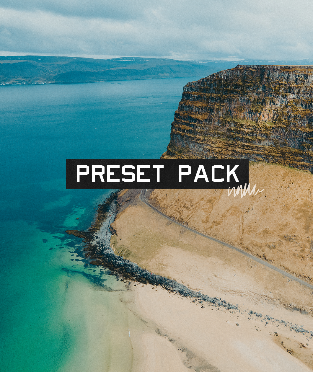 A photo of a cliffside by the ocean with the words "Preset Pack" in the center - by Iz & Johnny Harris