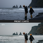 Two of the same photo of 2 children on a beach. The one on top says "Before"and is darker. The one on bottom says "After" and is clearer quality. In between the photos is a bar that says "Preset: Carto" - by Iz & Johnny Harris