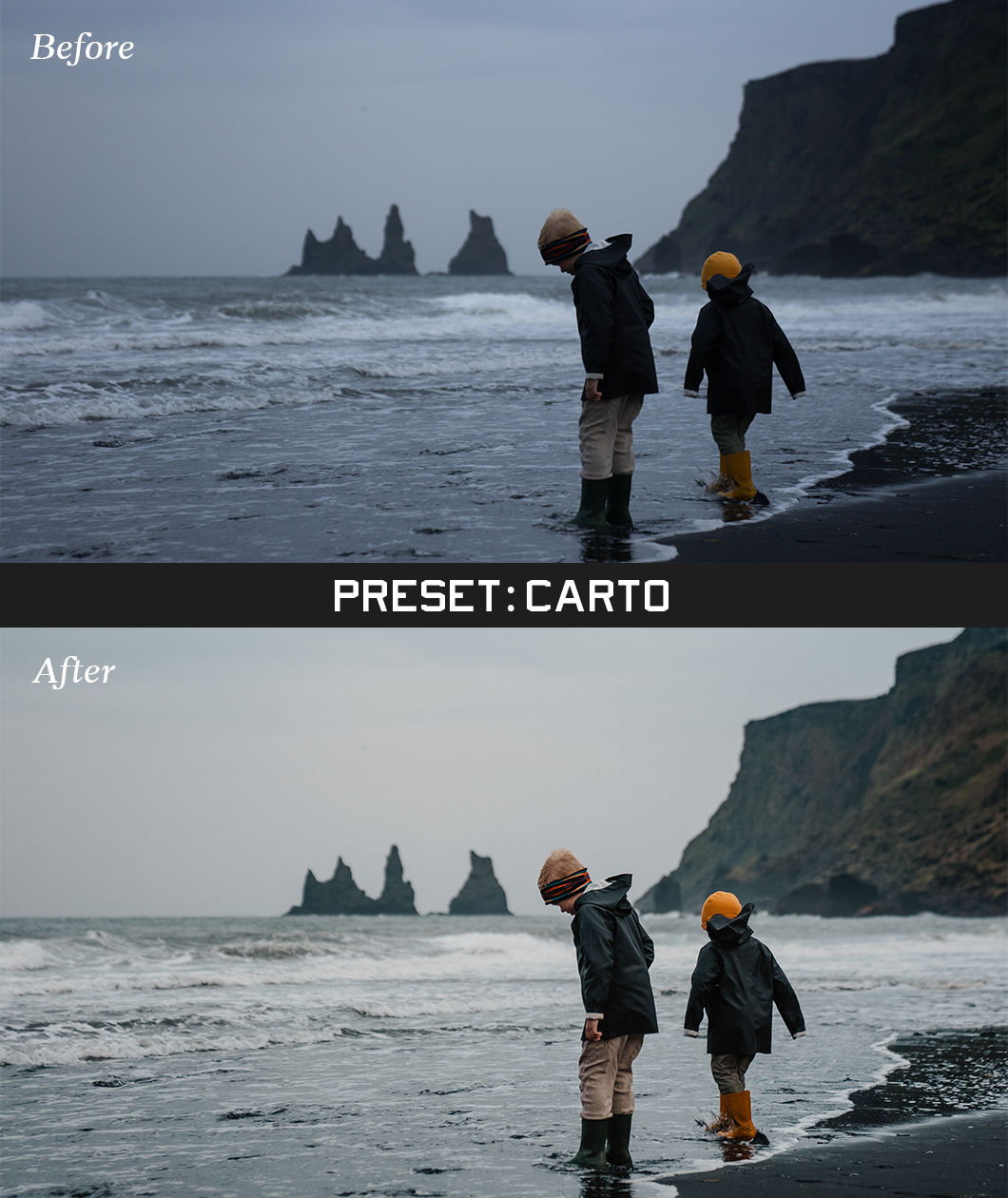 Two of the same photo of 2 children on a beach. The one on top says "Before"and is darker. The one on bottom says "After" and is clearer quality. In between the photos is a bar that says "Preset: Carto" - by Iz & Johnny Harris