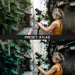 Two of the same photo of a woman with a camera. In between the photos is a grey bar with the text "Preset: Atlas." The photo on the bottom is labled "After" and it is zoomed out more compared to the top photo - by Iz & Johnny Harris. 