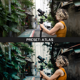 Two of the same photo of a woman with a camera. In between the photos is a grey bar with the text "Preset: Atlas." The photo on the bottom is labled "After" and it is zoomed out more compared to the top photo - by Iz & Johnny Harris. 