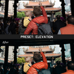 Two of the same photo of a man holding a child and pointing at a temple. In between the photos is a grey bar that says "Preset: Elevation." The photo on the bottom is labled "After" and the colors are lighter compared to the top photo - by Iz & Johnny Harris