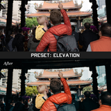 Two of the same photo of a man holding a child and pointing at a temple. In between the photos is a grey bar that says "Preset: Elevation." The photo on the bottom is labled "After" and the colors are lighter compared to the top photo - by Iz & Johnny Harris