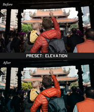 Two of the same photo of a man holding a child and pointing at a temple. In between the photos is a grey bar that says "Preset: Elevation." The photo on the bottom is labled "After" and the colors are lighter compared to the top photo - by Iz & Johnny Harris
