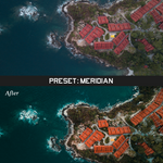 Two of the same photo of an aerial view of a coastal town. In between the photos is a grey bar that says "Preset: Meridian." The photo on the bottom says "After" and the colors are much brighter compared to the top photo - by Iz & Johnny Harris.